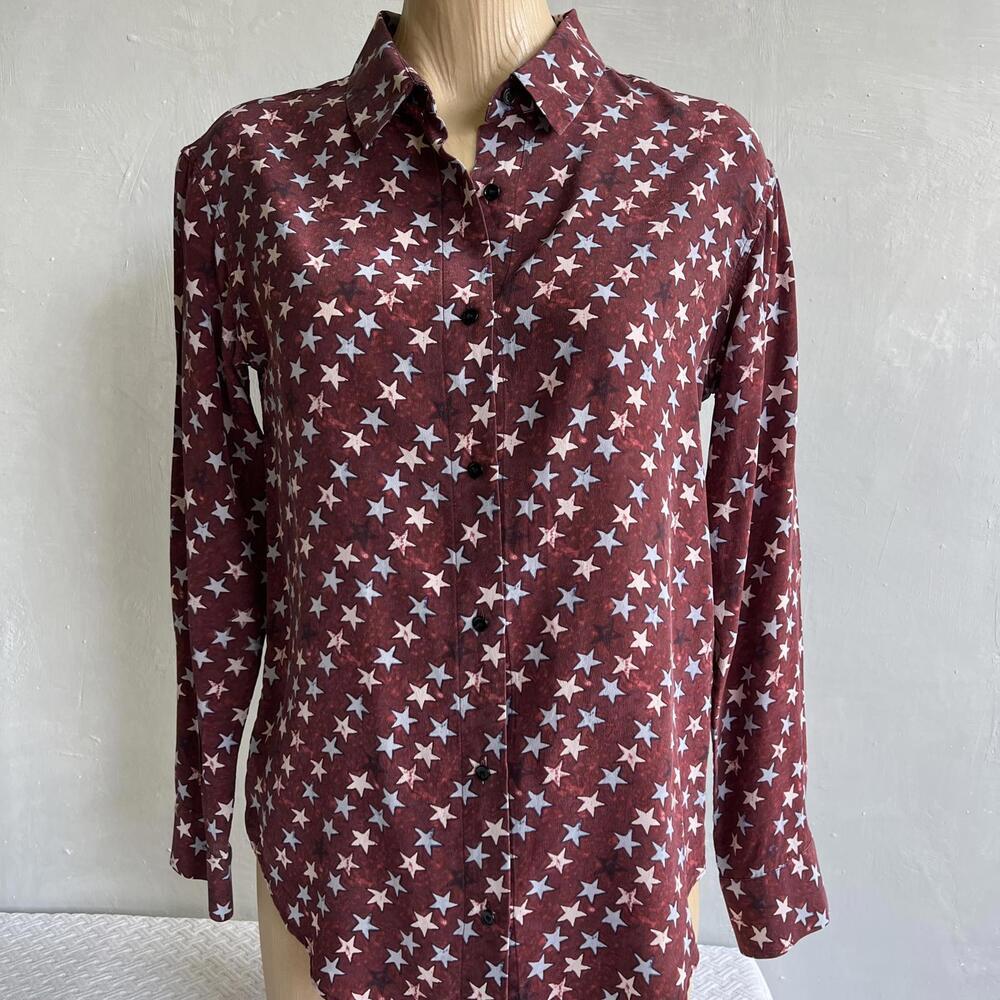 Sandro Paris Star Print Button Up Shirt 3 Large Burgundy Boho Chic 100% Silk